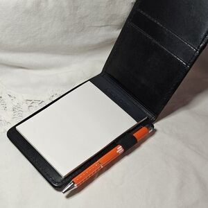 Lee Black Leather Notepad Holder with Orange Pen